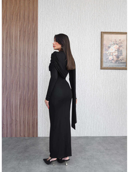 Şal Yaka Omuz Büzgülü Elbise