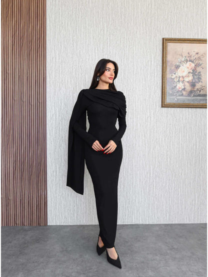 Şal Yaka Omuz Büzgülü Elbise