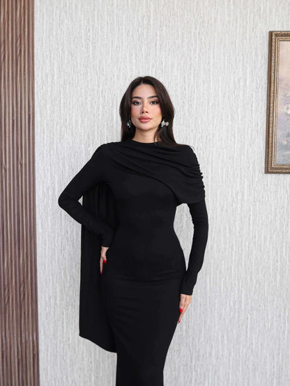 Şal Yaka Omuz Büzgülü Elbise