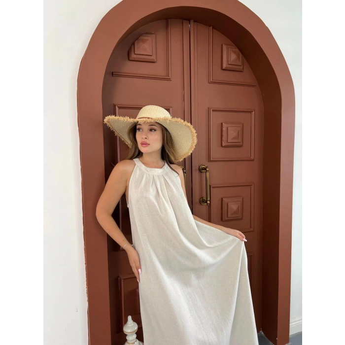 Sırt Pencere Detay Keten Elbise Krem