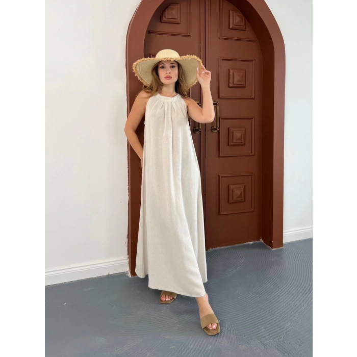 Sırt Pencere Detay Keten Elbise Krem
