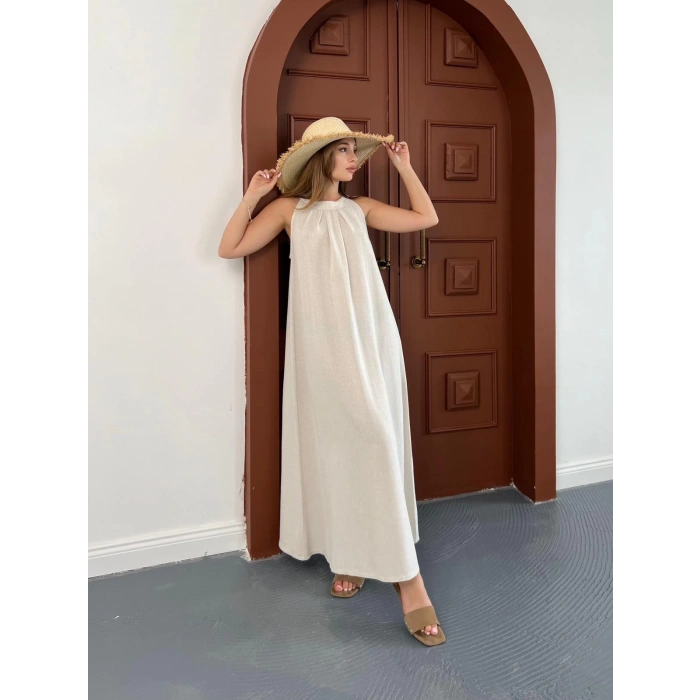 Sırt Pencere Detay Keten Elbise Krem