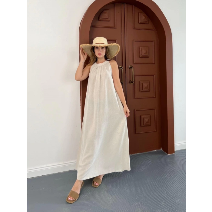 Sırt Pencere Detay Keten Elbise Krem