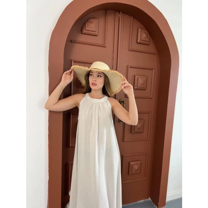 Sırt Pencere Detay Keten Elbise Krem