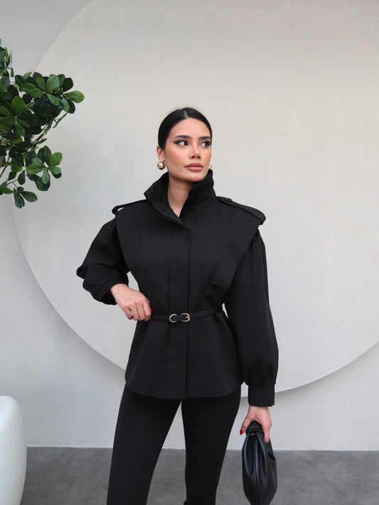 Siyah Kemerli Tasarım Ceket