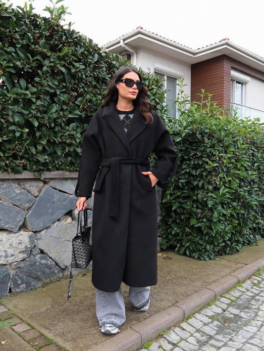 Siyah Yün Karışımlı Casual Kaşe Kaban