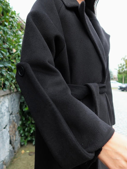 Siyah Yün Karışımlı Casual Kaşe Kaban
