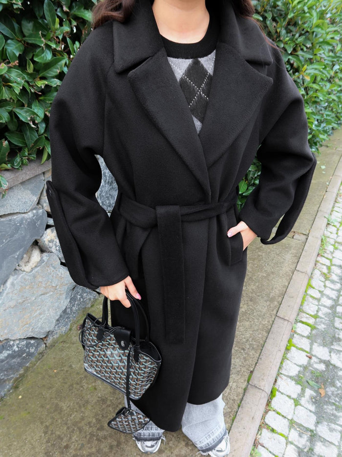 Siyah Yün Karışımlı Casual Kaşe Kaban