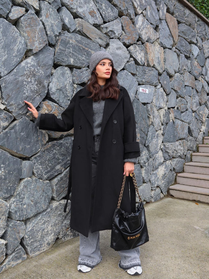 Siyah Yün Karışımlı Premium Blend Kaban