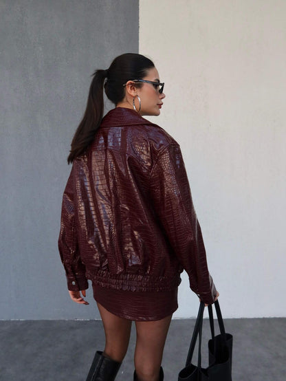 Snake Desen Fermuarlı Deri Ceket