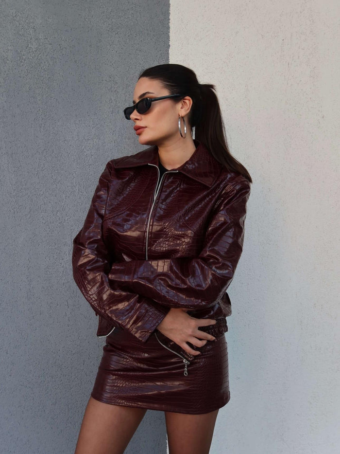 Snake Desen Fermuarlı Deri Ceket