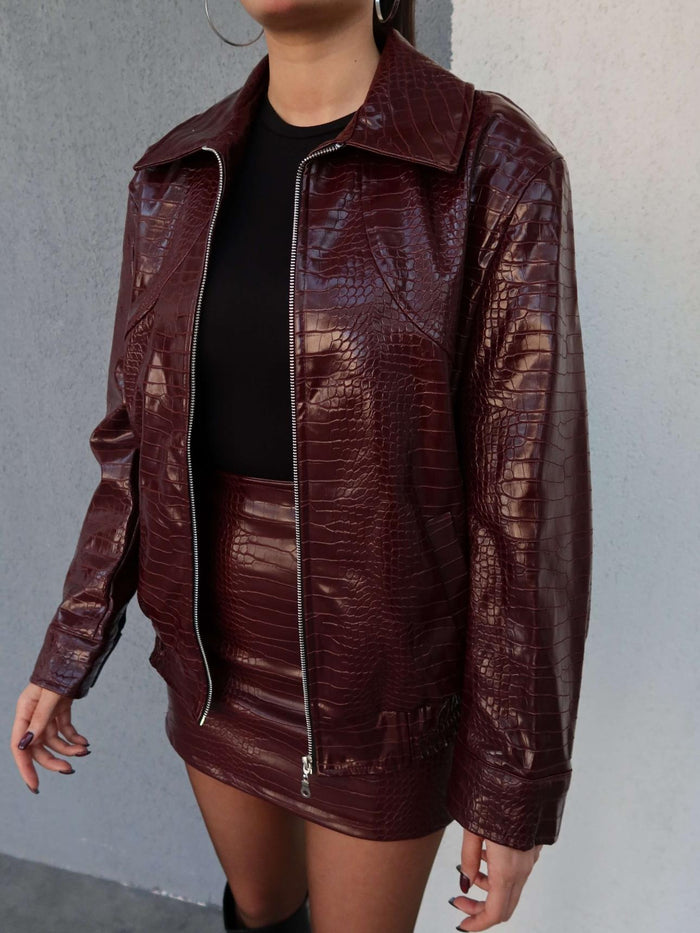 Snake Desen Fermuarlı Deri Ceket