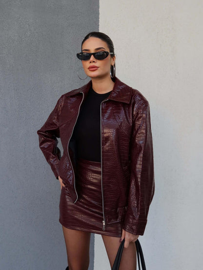 Snake Desen Fermuarlı Deri Ceket