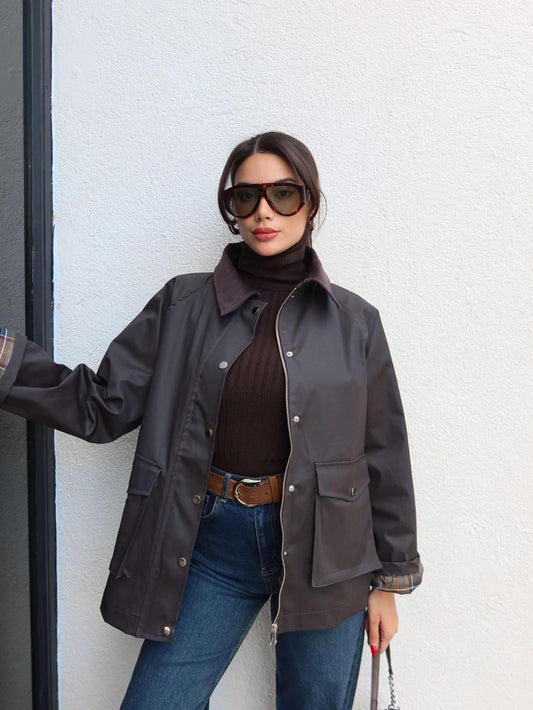 Süet Yaka Çıtçıtlı Mumlu Ceket