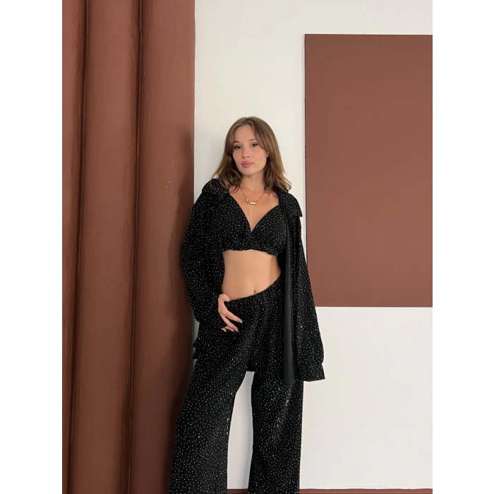 Taş Detaylı Üçlü Takım Siyah