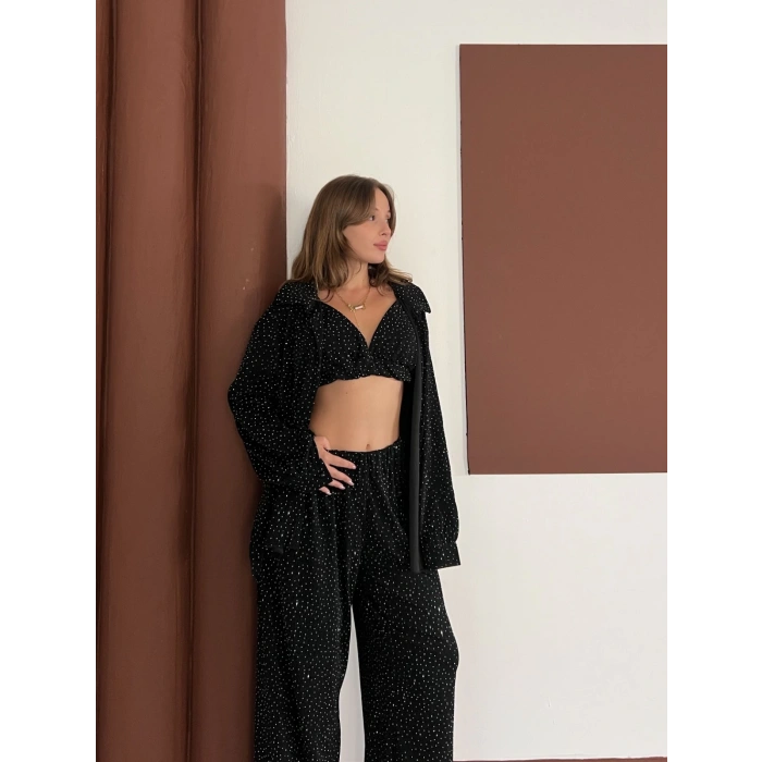 Taş Detaylı Üçlü Takım Siyah