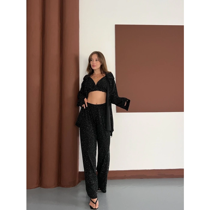 Taş Detaylı Üçlü Takım Siyah