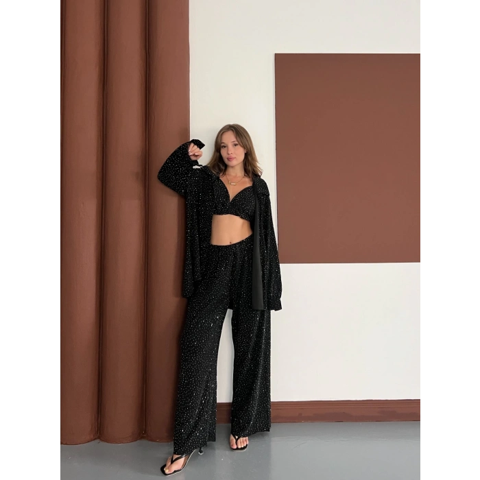 Taş Detaylı Üçlü Takım Siyah