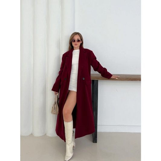 Tek Düğme Detaylı Kaşe Kaban Bordo