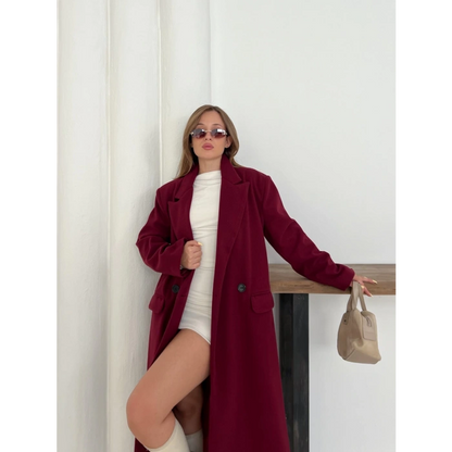 Tek Düğme Detaylı Kaşe Kaban Bordo