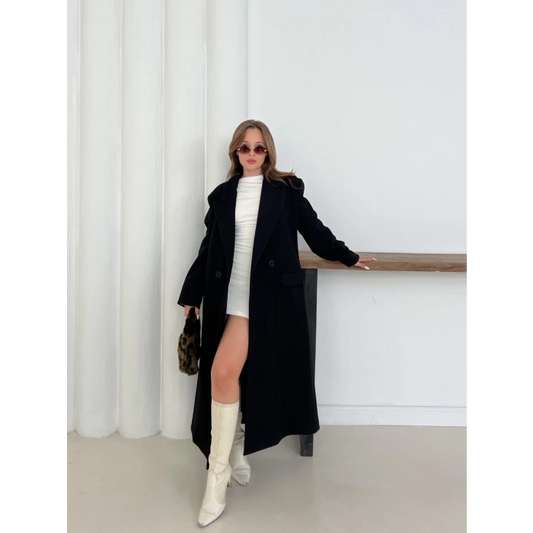 Tek Düğme Detaylı Kaşe Kaban Siyah