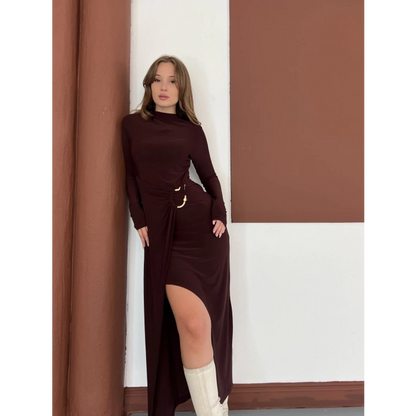 Toka Detaylı Yırtmaçlı Sandy Elbise Acı Kahve