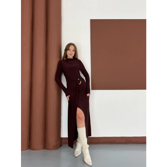 Toka Detaylı Yırtmaçlı Sandy Elbise Acı Kahve