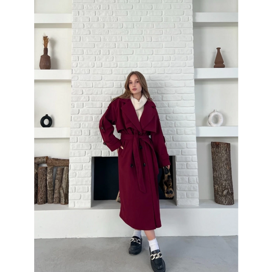 Uzun Boy Kuşak Detaylı Kaban Bordo