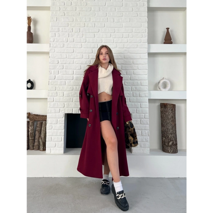 Uzun Boy Kuşak Detaylı Kaban Bordo