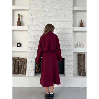 Uzun Boy Kuşak Detaylı Kaban Bordo