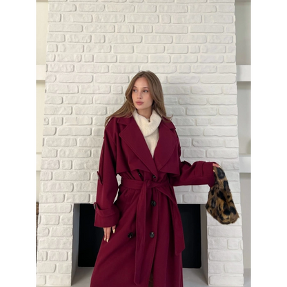 Uzun Boy Kuşak Detaylı Kaban Bordo