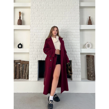 Uzun Boy Kuşak Detaylı Kaban Bordo