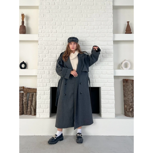 Uzun Boy Kuşak Detaylı Kaban Antrasit