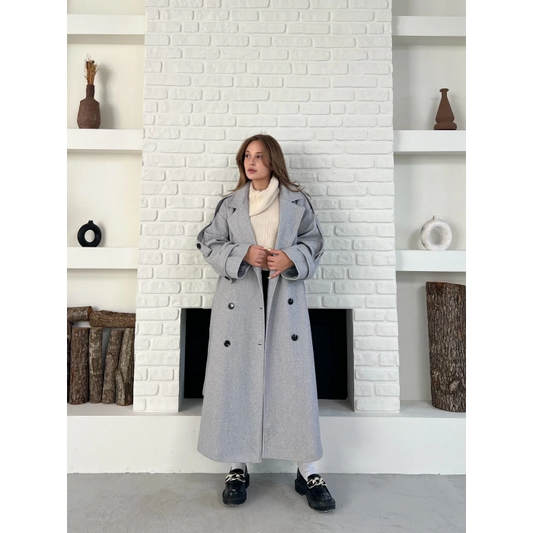 Uzun Boy Kuşak Detaylı Kaban Gri