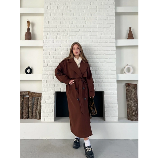 Uzun Boy Kuşak Detaylı Kaban Kahverengi