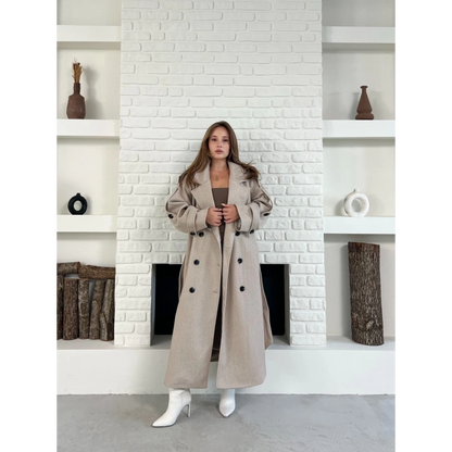 Uzun Boy Kuşak Detaylı Kaban Krem