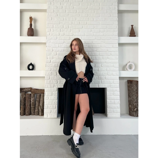 Uzun Boy Kuşak Detaylı Kaban Siyah