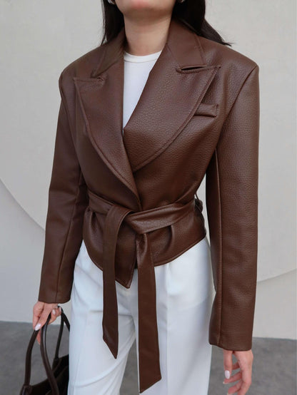 Vatkalı Beli Bağlamalı Deri Ceket