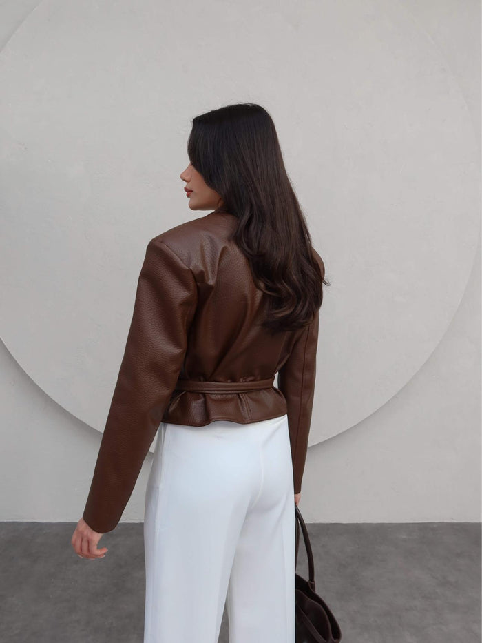 Vatkalı Beli Bağlamalı Deri Ceket