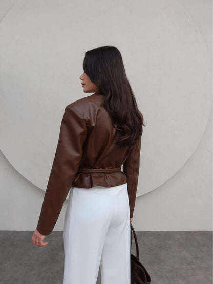 Vatkalı Beli Bağlamalı Deri Ceket