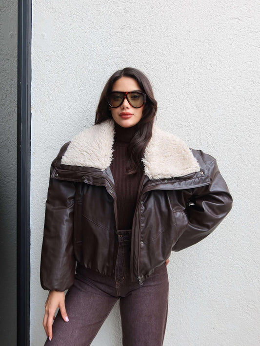 Yaka Kürk Cepli Deri Mont