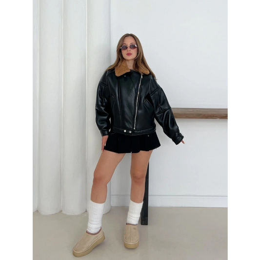 Yaka Peluş Detay Deri Ceket Kahve