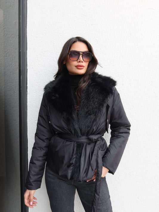 Yaka Suni Kürk Bağlamalı Mont