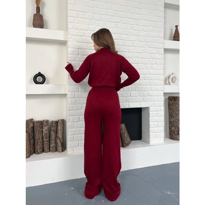Yarım Boğazlı Taş İşlemeli İkili Set Bordo