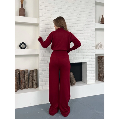 Yarım Boğazlı Taş İşlemeli İkili Set Bordo