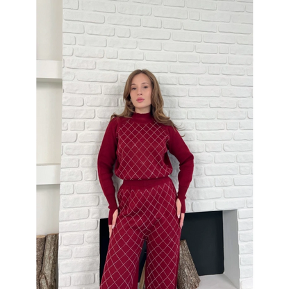 Yarım Boğazlı Taş İşlemeli İkili Set Bordo
