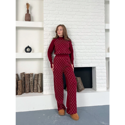 Yarım Boğazlı Taş İşlemeli İkili Set Bordo