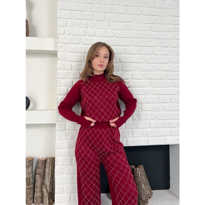 Yarım Boğazlı Taş İşlemeli İkili Set Bordo