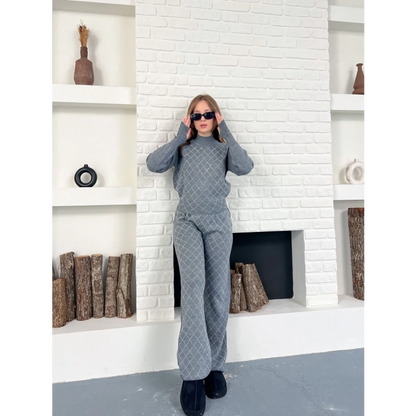 Yarım Boğazlı Taş İşlemeli İkili Set Gri