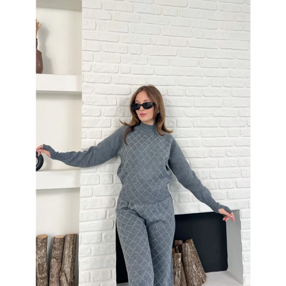 Yarım Boğazlı Taş İşlemeli İkili Set Gri